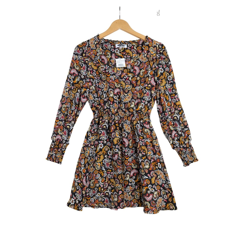 New BB Dakota Steve Madden Floral Print Long Sleeve Mini Dress size Small Black